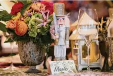  ?? ?? Mixing and matching elements is the Mrs. Alice way. Here, a glitter nutcracker stands guard on Gaunt’s table.