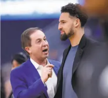  ?? Scott Strazzante / The Chronicle 2020 ?? Warriors owner Joe Lacob (left, with Klay Thompson) would love to host playoff games at Chase Center.