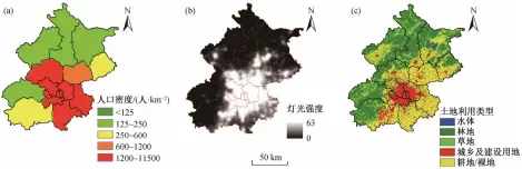  ??  ?? 图 2研究区 2013 年人口密度图(a)、夜间灯光数据(b)及土地利用数据(c) Fig. 2 Population density (a), nighttime light data (b), and land use data (c) of the study area in 2013