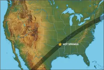  ?? Submitted photo ?? IN THE PATH: This graphic, courtesy of Visit Hot Springs, pinpoints Hot Springs as being in the path of totality for the 2024 solar eclipse.