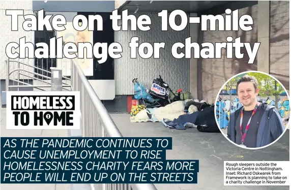  ??  ?? Rough sleepers outside the Victoria Centre in Nottingham. Inset: Richard Oskwarek from Framework is planning to take on a charity challenge in November