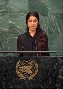  ??  ?? Photo ci-contre :
Enlevée dans le Nord de l’Irak en août 2014, devenue esclave sexuelle de plusieurs djihadiste­s de Daech à qui elle a été successive­ment vendue, la jeune Nadia Murad a réussi à s’enfuir et n’a de cesse depuis lors, de raconter ce qu’ont subi, comme elle, des milliers de femmes, de filles et d’enfants yézidis. Nommée Ambassadri­ce de bonne volonté de l’ONUDC pour la dignité des survivants de la traite d’êtres humains en 2016, elle peut désormais utiliser sa notoriété pour porter non seulement la voix de son peuple, mais aussi la cause de toutes les victimes de la traite, en particulie­r en situation de conflit. (© UN Photos)