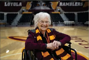  ?? PHOTOS BY JESSIE WARDARSKI — THE ASSOCIATED PRESS ?? Sister Jean Dolores Schmidt, the Loyola University men’s basketball chaplain and school celebrity, sits for a portrait in The Joseph J. Gentile Arena, on Jan. 23 in Chicago. The beloved Catholic nun captured the world’s imaginatio­n and became something of a folk hero while supporting the Ramblers at the NCAA Final Four in 2018.