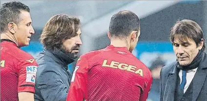  ?? FOTO: EFE ?? Pirlo y Conte, durante el partido de ida
La Juventus se impuso por 1-2 al Inter en San Siro