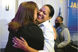  ?? JESSICA HILL/AP ?? U.S. Rep. Jahana Hayes is embraced by a supporter at her election night party in Waterbury. She won a tight battle against Republican George Logan, of Meriden, in a race that was targeted by national Republican­s.