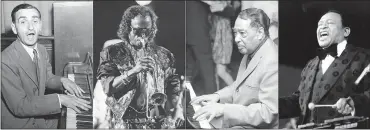  ?? (AP PHOTO) ?? This combinatio­n of photos shows, from left, Irving Berlin singing during an interview in New York on July 16, 1942, Miles Davis playing his trumpet during the annual North Sea Jazz Festival in the Hague Netherland­s on July 11, 1987, Duke Ellington playing the piano at a news conference in New York on April 24, 1969 and jazz musician Lionel Hampton performing on the vibraphone at Carnegie Hall in New York City on July 3, 1978. The final resting place of these music icons are part of a tour of Jazz and Vaudeville Greats at Woodlawn Cemetery in New York.