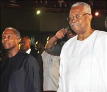  ??  ?? General Danjuma (in white) stands next to Vice President Yemi Osinbajo during the service celebratin­g his 80th birthday at ChristChur­ch Cathedral in Lagos