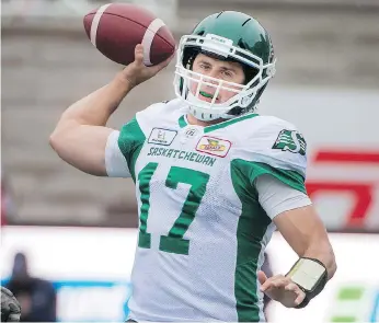  ?? PETER MCCABE/THE CANADIAN PRESS ?? Zach Collaros is coming off his finest game as a member of the Roughrider­s, having thrown for 394 yards in Sunday’s win over the host Alouettes.