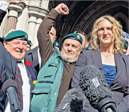  ??  ?? Claire Blackman and supporters outside the High Court; far left, Frederick Forsyth; below, Sergeant Blackman