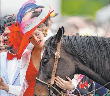  ?? Charlie Neibergall The Associated Press ?? A spectator pets a horse Saturday at Churchill Downs before the 148th running of the Kentucky Derby. Rich Strike won to score the second-biggest upset in history.