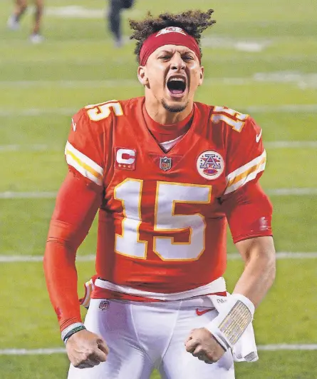  ?? DENNY MEDLEY/ USA TODAY SPORTS ?? Quarterbac­k Patrick Mahomes has led the defending champion Chiefs back to the Super Bowl after throwing 38 TD passes and just six intercepti­ons this past season.