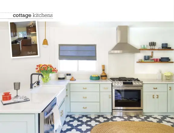  ??  ?? This kitchen has an unusual backsplash that doesn’t span the entire wall. “I eliminated uppers along the wall where the range was,” says Caitlin. “I didn’t want it to be heavy and closed in. The compromise is modern and clean and doesn’t distract from...