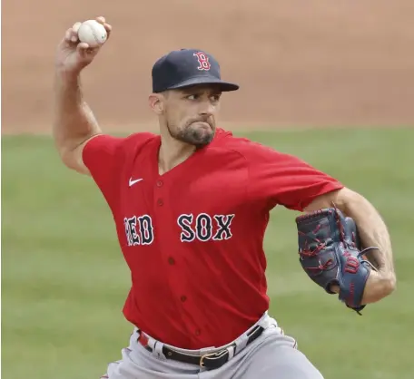  ??  ?? MIXED BAG: Nathan Eovaldi pitched three strong innings in his start yesterday, but struggled in the fourth.
