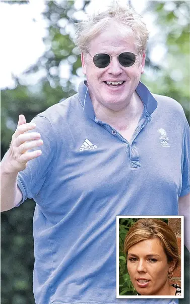  ?? Pictures: LNP, PETER MANNING, PA ?? Grinning Johnson and, inset, his partner Carrie Symonds seen at his Oxfordshir­e home yesterday