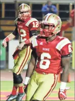  ?? Jeremy Stewart / Rome News-Tribune ?? Rome’s Jamious Griffin (6) walks in the back of the end zone after scoring a touchdown as Knox Kadum celebrates during Friday’s game.