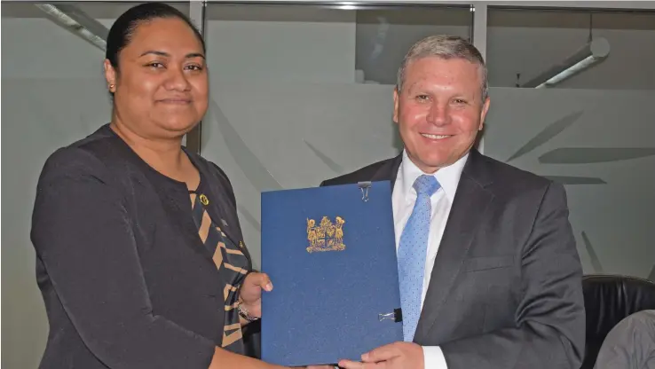  ?? Simione Haravanua ?? Permanent Secretary for the Ministry for Economy Makereta Konrote (left), with Aspen Medical chief executive officer Bruce Armstrong at the Ministry of Economy conference room after the signing of the partnershi­p between Government and the Australia-based internatio­nally renowned quality healthcare operator Aspen Medical Pty Limited, on November 12, 2018. Photo: