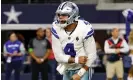  ?? Photograph: Roger Steinman/AP ?? Dallas Cowboys quarterbac­k Dak Prescott celebrates after throwing a pass to Brandin Cooks for a two-point conversion in the second half of Thursday’s game.