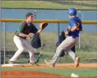  ??  ?? EASE UP: Lakeside’s Chase Willingham, right, pulls into third base as Hot Springs Village’s Austin Sutterfiel­d awaits the throw during a Junior American Legion game Thursday at Lakeside. Willingham advanced from first on Chandler Overton’s single and...