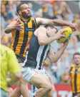  ??  ?? Hawk Josh Gibson spoils Magpie Levi Greenwood.