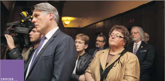  ?? BRUCE EDWARDS/ EDMONTON JOURNAL ?? Union leaders listen to Premier Jim Prentice speak at Government House in Edmonton on Thursday.