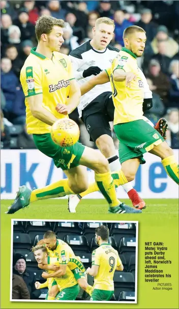  ?? PICTURES: Action Images ?? NET GAIN: Matej Vydra puts Derby ahead and, left, Norwich’s James Maddison celebrates his leveller