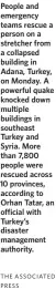  ?? THE ASSOCIATED PRESS ?? People and emergency teams rescue a person on a stretcher from a collapsed building in Adana, Turkey, on Monday. A powerful quake knocked down multiple buildings in southeast Turkey and Syria. More than 7,800 people were rescued across 10 provinces, according to Orhan Tatar, an official with Turkey’s disaster management authority.