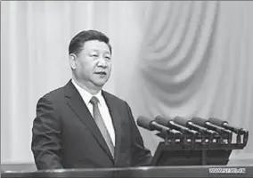  ??  ?? Chinese President Xi Jinping, also general secretary of the Communist Party of China Central Committee and chairman of the Central Military Commission, addresses a grand gathering in celebratio­n of the 90th founding anniversar­y of the People’s Liberation Army (PLA) at the Great Hall of the People in Beijing, capital of China. (Photo: Xinhua/Ju Peng)