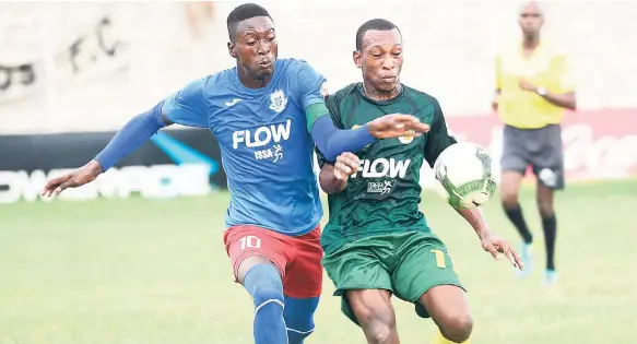  ?? FILE PHOTO ?? Shai Smith (left) of Holy Trinity in action against André Thomas of St Jago on October 3.