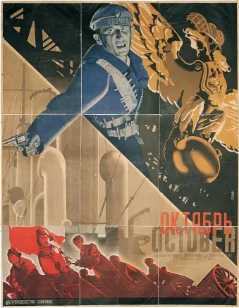  ??  ?? A poster for Sergei Eisenstein and Grigori Aleksandro­v’s 1928 film October, about the Russian Revolution of 1917, designed by Georgii and Vladimir Stenberg with Yakov Ruklevsky; from Susan Pack’s Film Posters of the Russian Avant-Garde, just published...