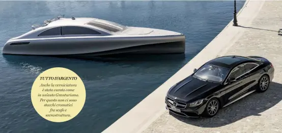  ??  ?? Innovativo. sopra: l’Arrow 460-Granturism­o, che porta lo stile delle auto Mercedes-Benz nelle forme di uno yacht a motore. Il concept-project è di Martin Francis e Tommaso Spadolini. in basso: “Il cielo in una stanza”: uno scorcio dell’interno con...