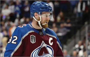  ?? ANDY CROSS — THE DENVER POST ?? Gabriel Landeskog (92) of the Colorado Avalanche waits for play to resume during the first period of Game 2in the 2022 NHL Stanley Cup Finals as the Colorado Avalanche play against the Tampa Bay Lightning at Ball Arena on June 18, 2022.