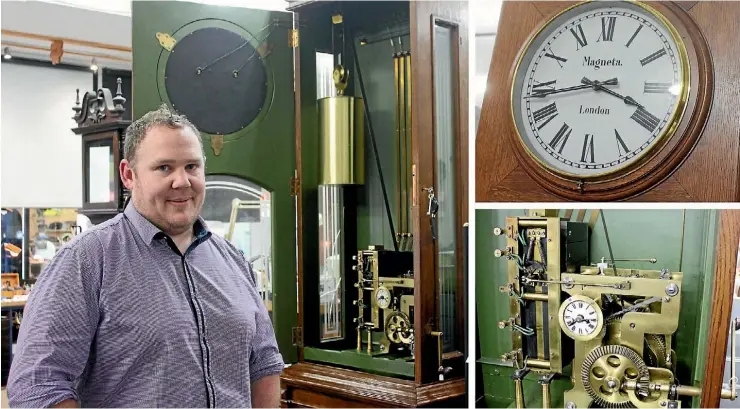  ?? ROBERT STEVEN/STUFF ?? Rowan Pilbrow is fixing the 109-year-old Parliament­ary clock this week. Insets: the clock face and the electricit­y-generating component.