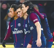  ?? AFPPIX ?? From left: Paris Saint-Germain’s Neymar, Giovanni Lo Celso , Kylian Mbappe and Edinson Cavani celebrate after scoring a goal during their French L1 match against Dijon at the Parc des Princes stadium yesterday. –