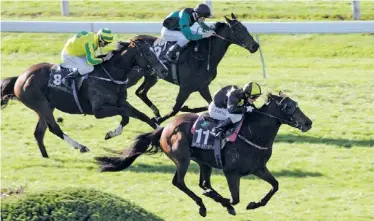  ?? Battle winner: ?? Fromelles (Lisa Allpress) emerges triumphant in Saturday’s Gr III Rotorua Cup, beating Sum Up and Arcenciel.