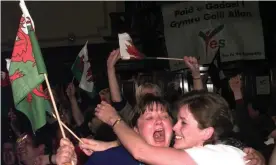  ?? Photograph: Stefan Rousseau/PA ?? Devolution supporters celebrate the yes vote in the 1997 Welsh referendum.