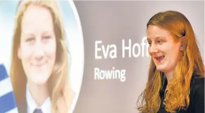  ?? PHOTOS: PETER MCINTOSH ?? Saluting success . . . Rower Eva Hofman addresses the crowd at an event celebratin­g the achievemen­ts of Otago sportswome­n at the Edgar Centre in Dunedin last night.