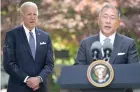  ?? AP Photo/Evan Vucci ?? U.S. President Joe Biden, left, listens to Hyundai Motor Group Executive Chair Euisun Chung on Sunday at the Grand Hyatt Seoul in Seoul.