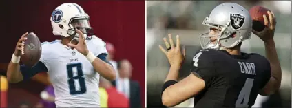  ??  ?? At left, in an Aug. 31 file photo, Tennessee Titans quarterbac­k Marcus Mariota (8) warms up before an NFL preseason football game against the Kansas City Chiefs in Kansas City, Mo. At right, is an Aug. 19 file photo, Oakland Raiders quarterbac­k Derek...