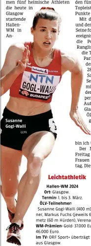  ?? GEPA ?? Susanne Gogl-Walli
Hallen-WM 2024 Ort:
Termin: ÖLV-Teilnehmer: