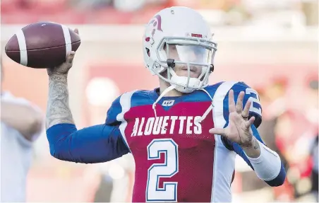  ??  ?? On Friday, Johnny Manziel is expected to become the fourth starting QB for the Alouettes this season.