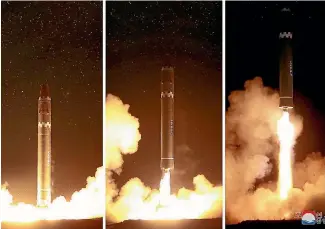  ?? PHOTO: REUTERS ?? Images of the launch of the newly developed interconti­nental ballistic rocket Hwasong-15 were released by the North Korea’s Korean Central News Agency in Pyongyang.