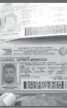  ?? / ALAN TANGCAWAN ?? ■ ID SA SUSPEK: Pipila kini sa mga identifica­tion cards ug ubang dokumento gikan ni Jeffrey Cañedo.