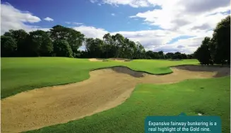  ??  ?? The par-3 5th hole on the Blue nine is wedged between a creek and a tree-covered hill. Expansive fairway bunkering is a real highlight of the Gold nine.