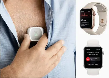  ?? Bild: COALALIFE RESPEKTIVE APPLE ?? HÄLSOFOKUS. Coala, till vänster, är en svensk pryl för dig som vill veta hur hjärtat mår. Nya Apple Watch har fått flera sensorer som gör det möjligt att ta EKG och att slå larm om användaren faller.