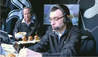  ??  ?? Steve Stone and Jason Benetti sample new fare at Guaranteed Rate Field. NBC SPORTS CHICAGO