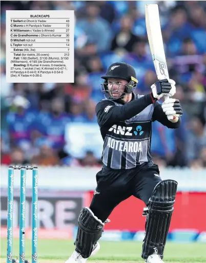  ?? PHOTO: GETTY IMAGES) ?? Giving it plenty . . . Black Caps opener Colin Munto smashes the ball though the offside during the third and final twenty20 internatio­nal against India in Hamilton last night. He topscored with 72 in New Zealand’s innings of 212 for four.