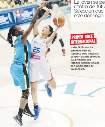  ??  ?? PRIMER ROCE INTERNACIO­NAL Isalys Quiñones ha asumido el rol de suplente de la veterana centro Yolanda Jones en sus primeros dos torneos internacio­nales con la Selección de Baloncesto.