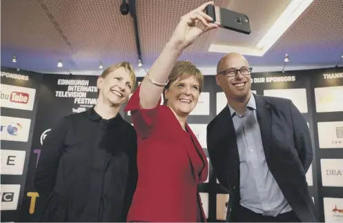  ??  ?? First Minister Nicola Sturgeon with BBC Scotland director Donalda Mackinnon and National Film and Television School director Jon Wardle at the Edinburgh Internatio­nal Television Festival yesterday