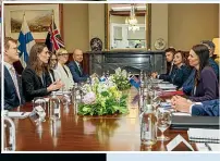  ?? ?? Sanna Marin, second left, and Jacinda Ardern and their delegation­s during bilateral talks at Government House in Auckland yesterday.