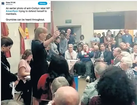  ??  ?? Joan Ryan, right, and above, the images of her constituen­cy party meeting on Thursday filmed by Press TV and posted on Twitter